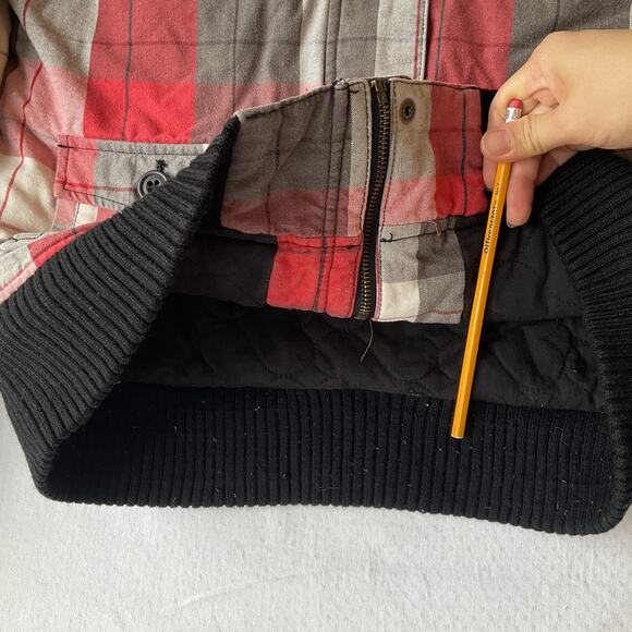 Roxy Women Jacket M Red Plaid Button Faux Fur Zipper Ribbed Hem Cuffs Full Zip - Picture 7 of 9